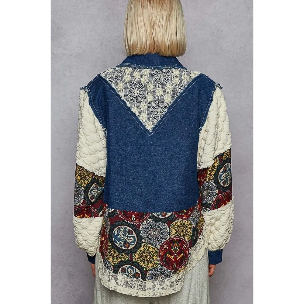 NEW POL Denim Blue Balloon Sleeve Patchwork Jacket Boho Lace Back Size Large - Picture 4 of 7